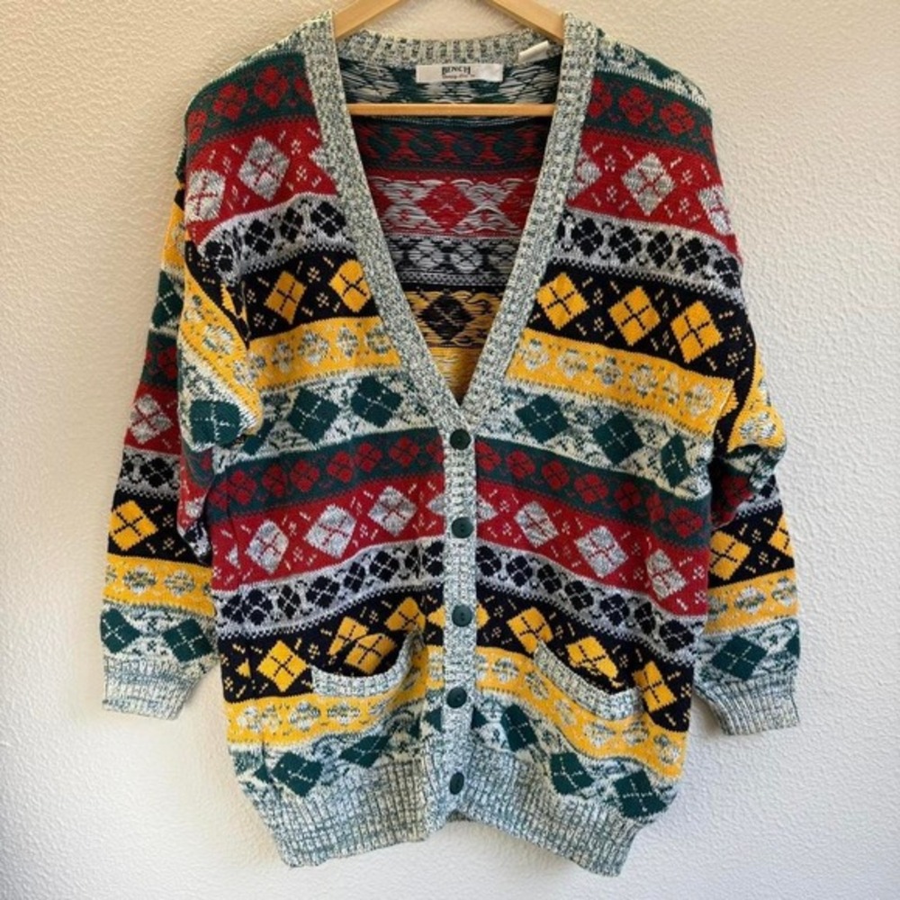 Vintage button-up cardigan knit sweater • White, green, yellow, and red colorway